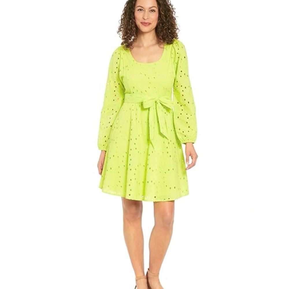 NWT London Times Long Sleeve Scoop Embroidered Eyelet Dress in‎ Lime
